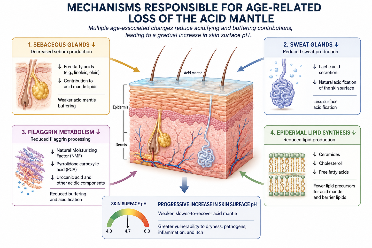 Mechanisms Responsible for age-related loss of the acid mantle. Diagram of acid mantle layers:  1. Sebaceous Glands 2. Sweat Glands 3. Filaggrin Metabolism 4. Epidermal Lipid Synthesis