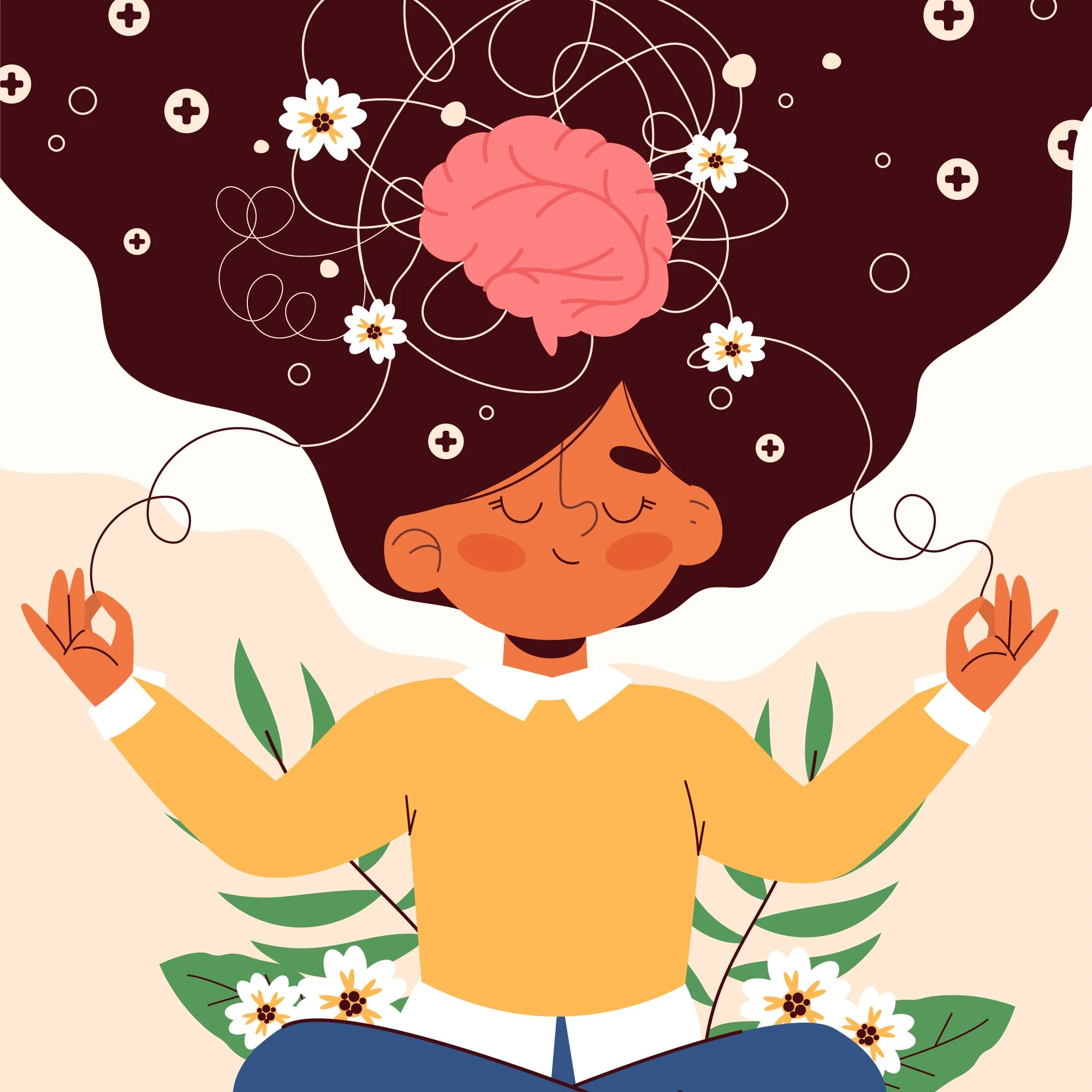 A happy girl with closed eyes, wearing a yellow sweater and white collar, is meditating with a peaceful expression. She has arms outstretched and is surrounded by flowers and green leaves, with her hair swirling above her head filled with a pink brain and white flowers, symbolizing a calm and mindful state.