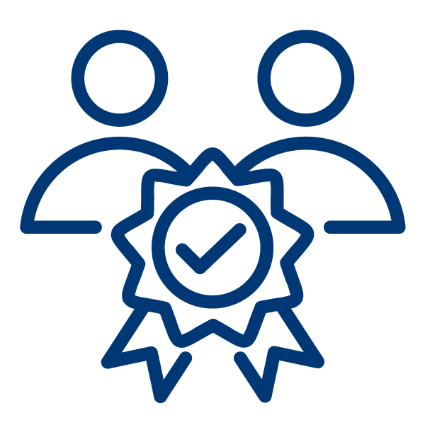 Icon of two people with badge and checkmark, representing certification or approval.