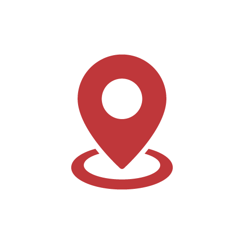 Map marker icon with a red location pin and a circular base on a white background.