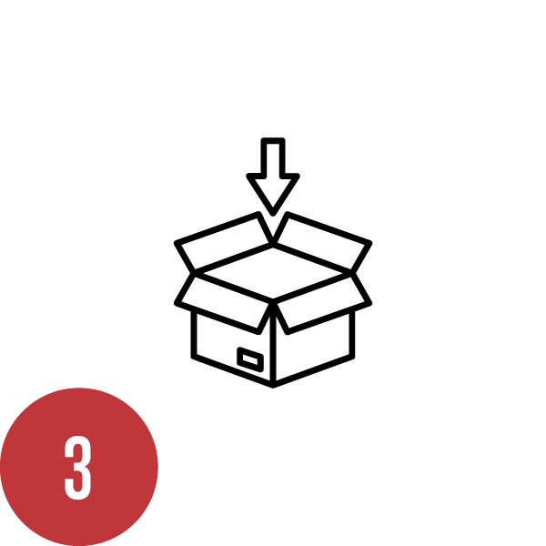 Line drawing of an open box with a downward arrow above it, and a red circle with the number 3 in the lower left corner.