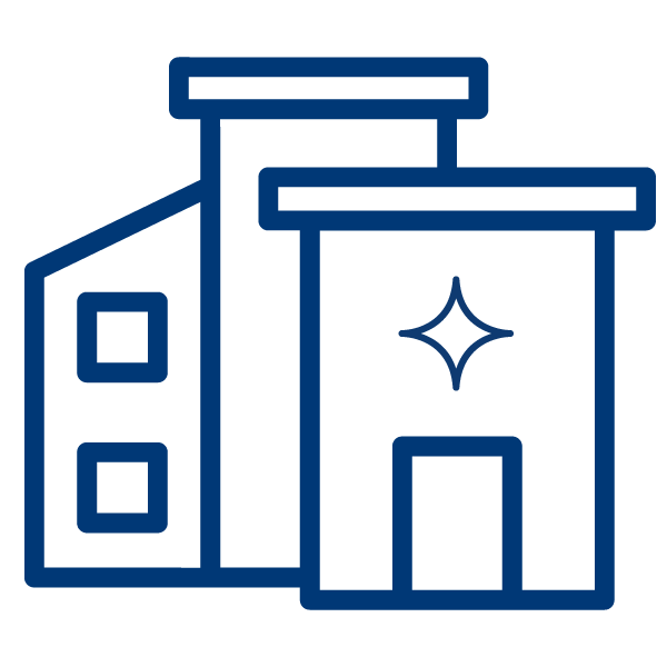 Outline drawing of a hospital or healthcare building with a star symbol on the front.