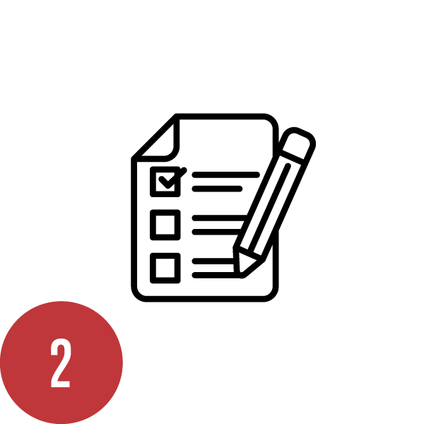 Checklist with a pen writing on a paper with multiple checkboxes, one checked, and a numbered red circle with the number 2.