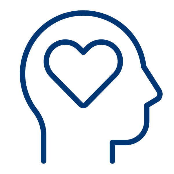 Outline of a person's head with a heart inside the brain area.