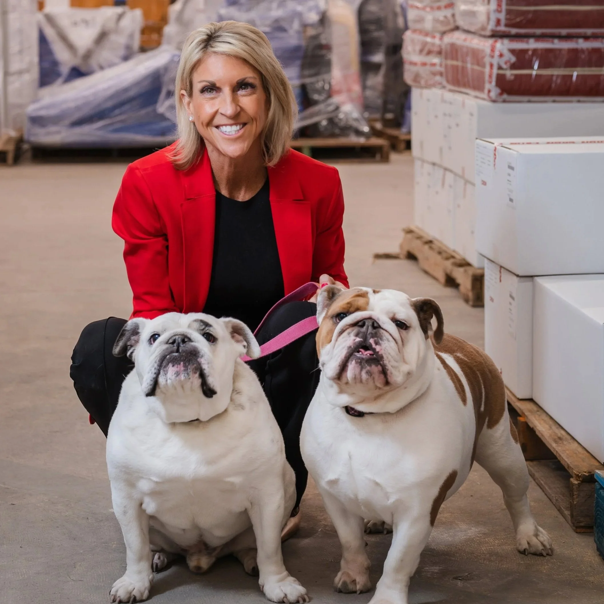 A smiling woman in a red blazer crouches with two bulldogs in a warehouse setting surrounded by boxes and pallets.