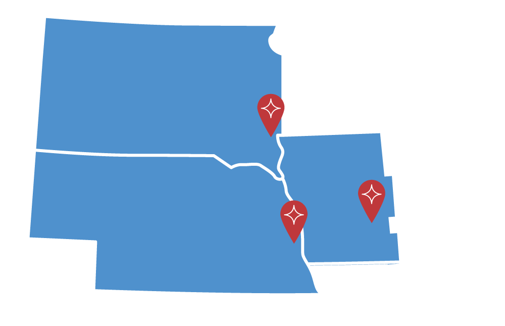 Map of Nebraska, South Dakota and Western Iowa with three location markers.