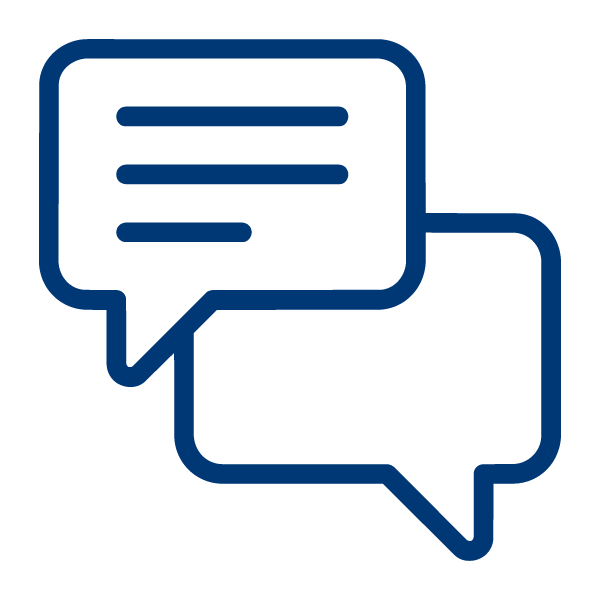 Two speech bubbles, one with horizontal lines representing text, indicating a conversation or communication.