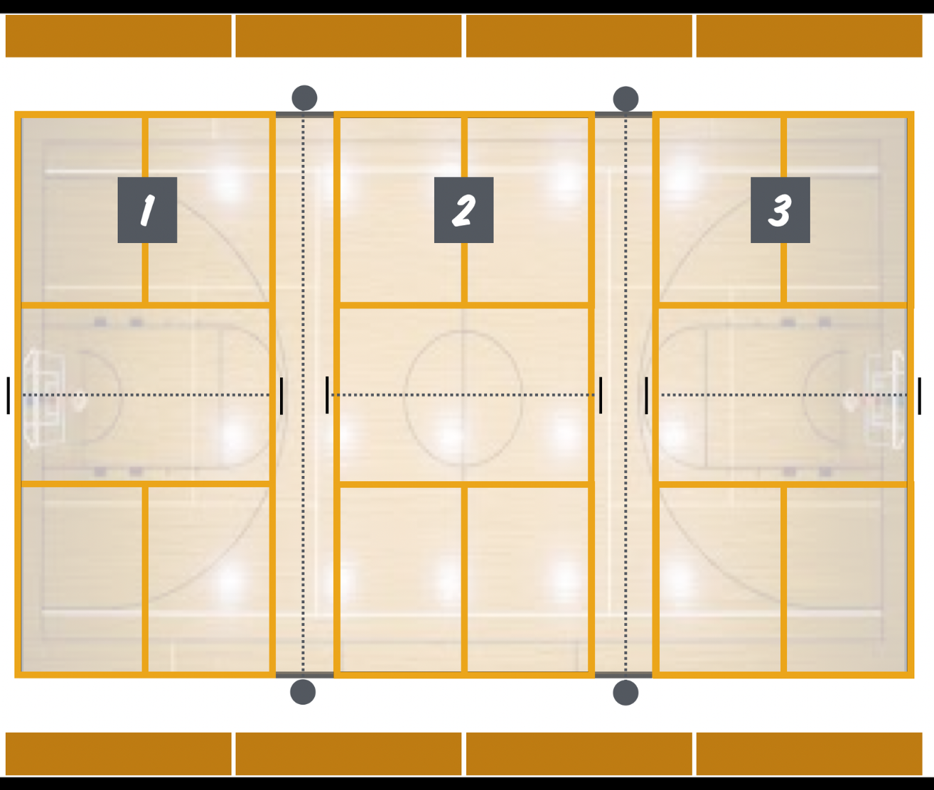 Three painted boundary courts with wide spacing between courts and room to maneuver.