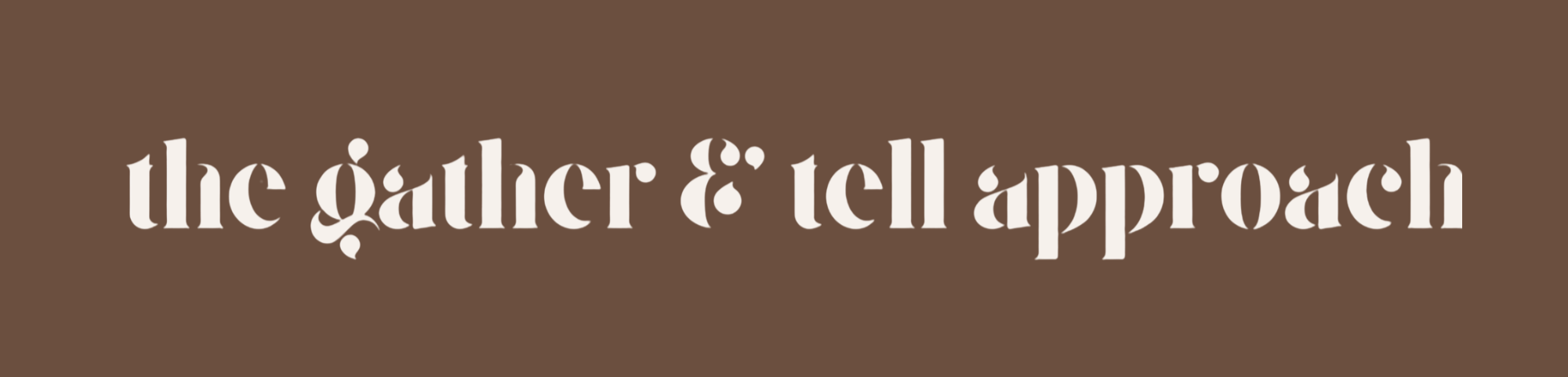 Cream text that says 'the gather & tell approach' over a scene of a sunny wedding with a wide white aisle with pairs of chairs and white flowers on either side