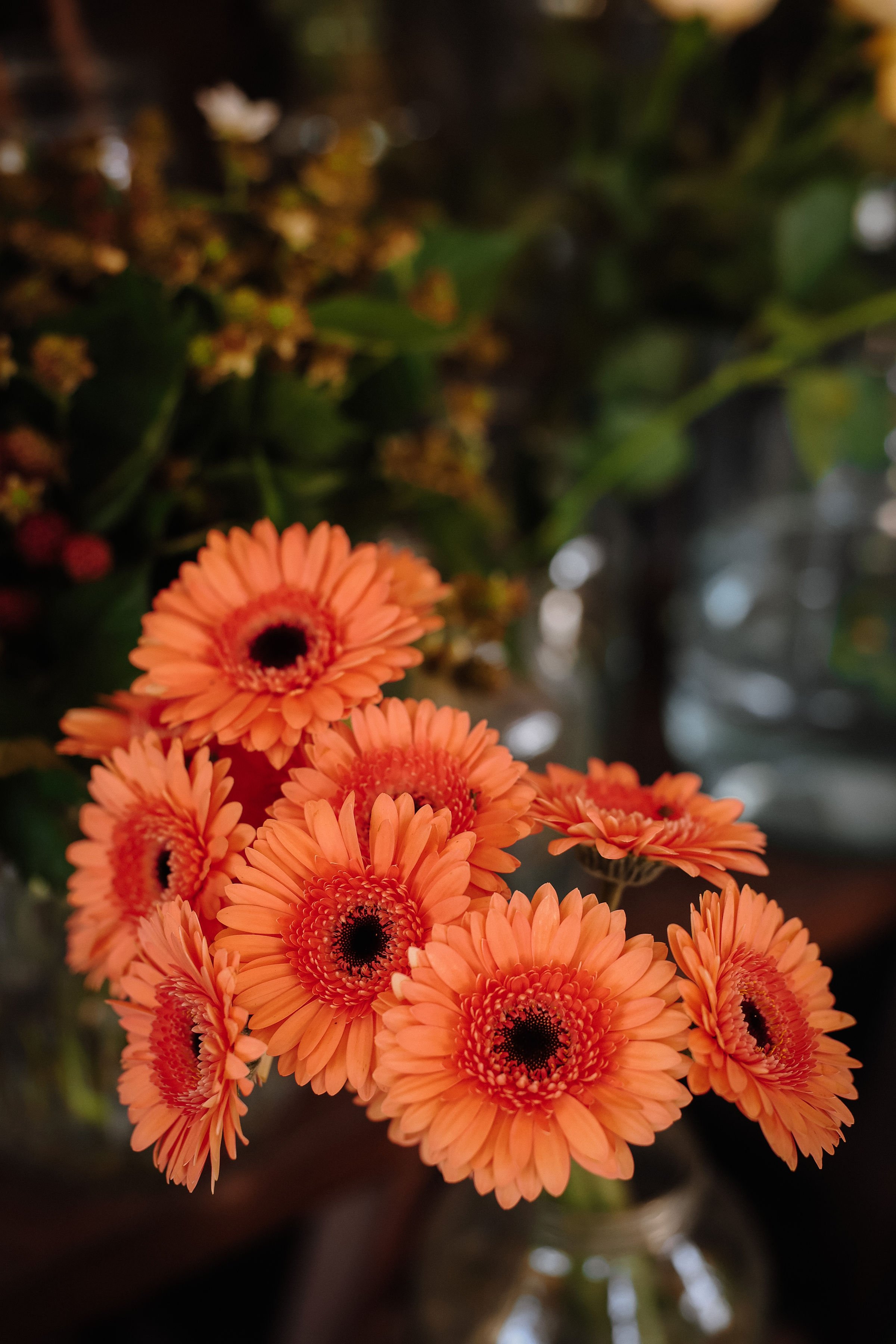 Bright orange daisies being prepared for a wedding bouquet
