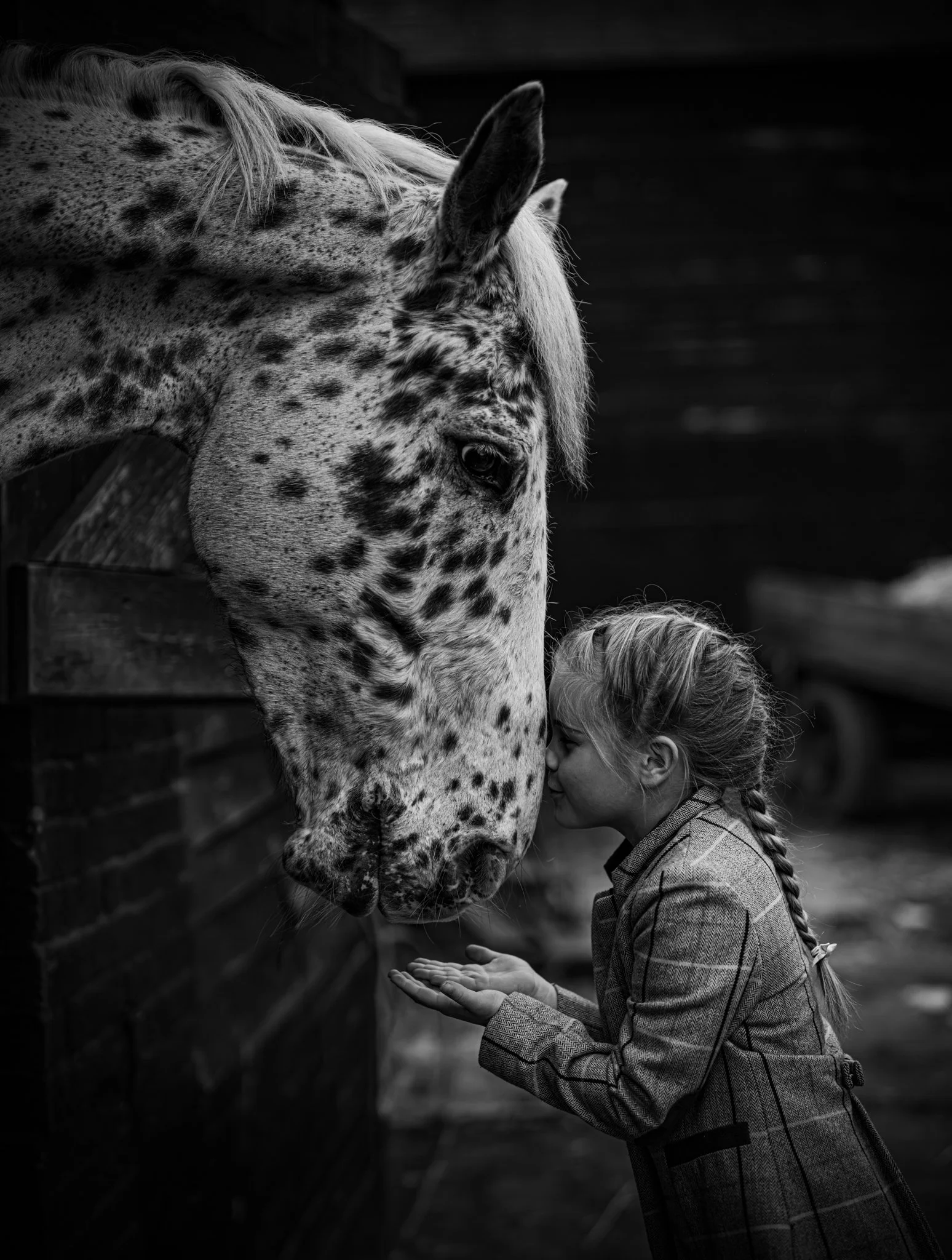 Black and white photo of a young girl with long hair in a braid petting a spotted horse with her face close to the horse. photographed in feasted, Essex. Anne Wills Photography 