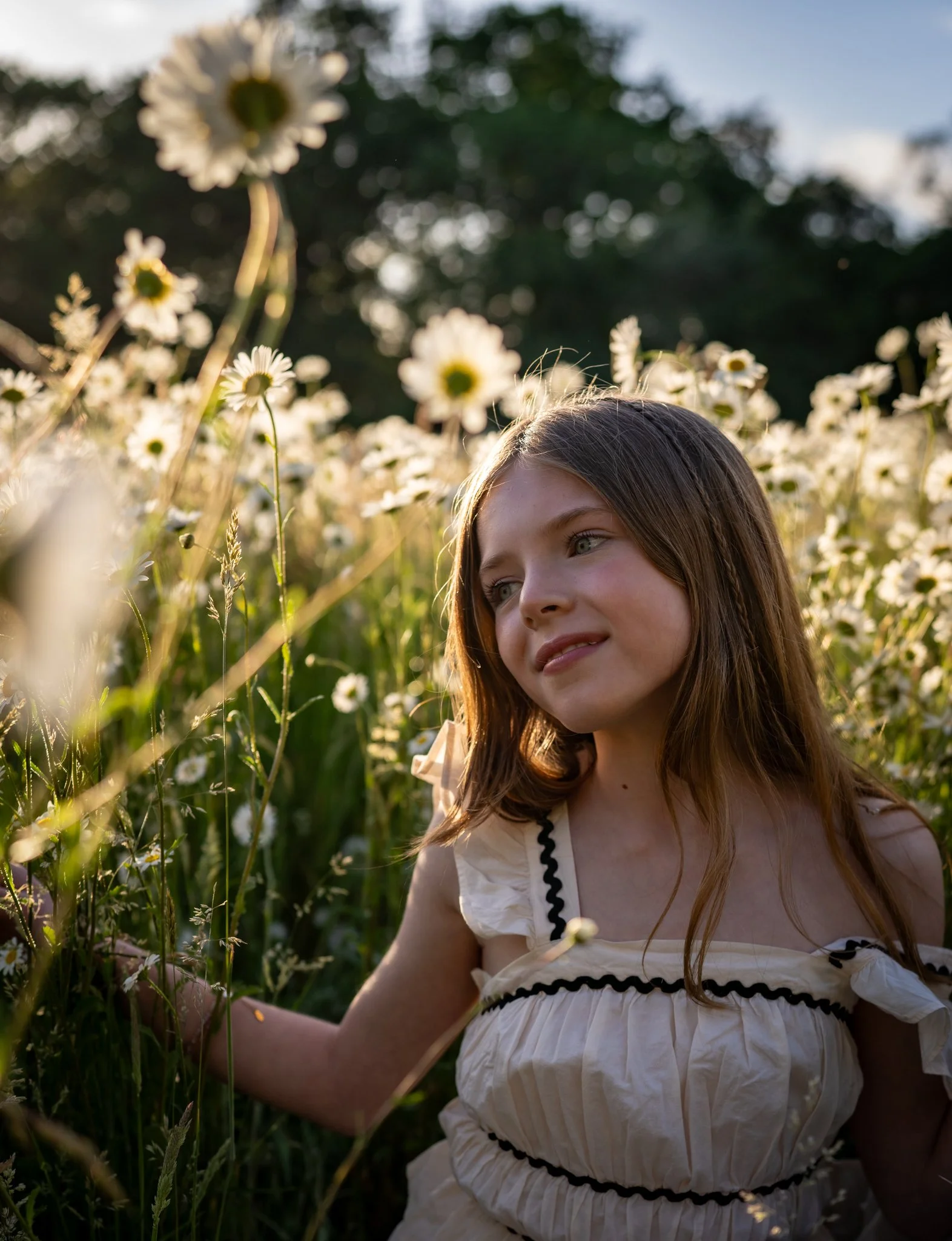 A young girl with long brown hair and light skin wearing a white dress with black trim, standing among white daisies outdoors with sunlight illuminating her face. Anne Wills Photography. Braintree, Essex
