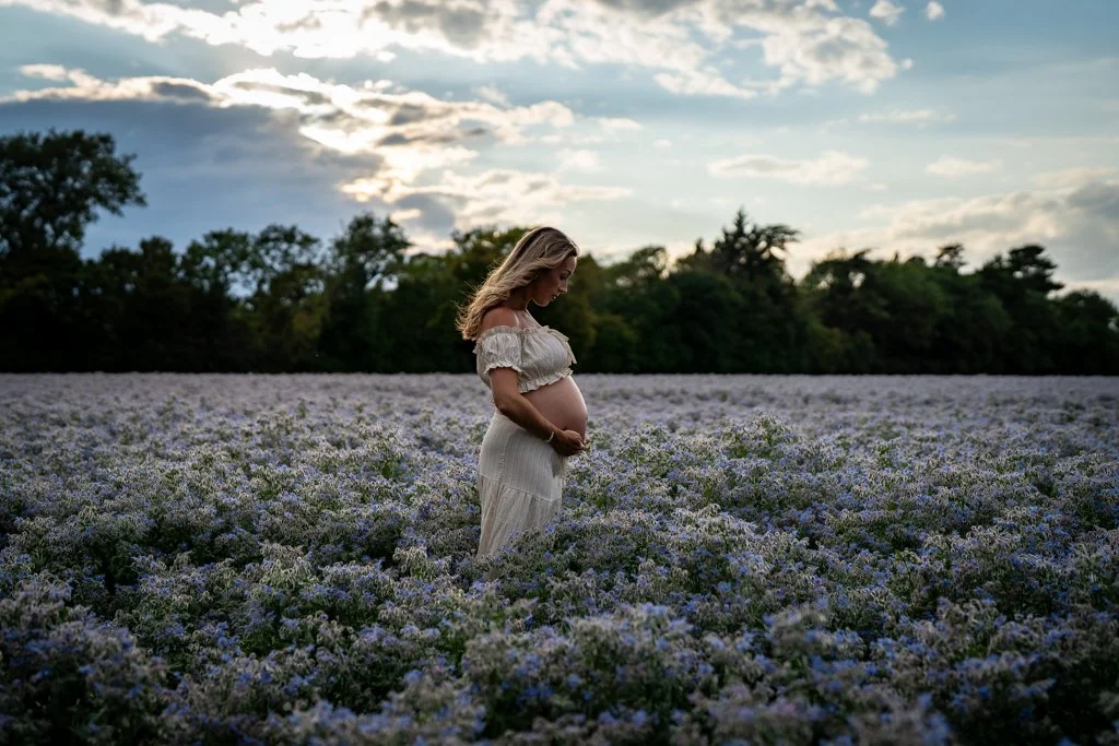 Pregnant woman standing in a field of purple flowers during sunset.