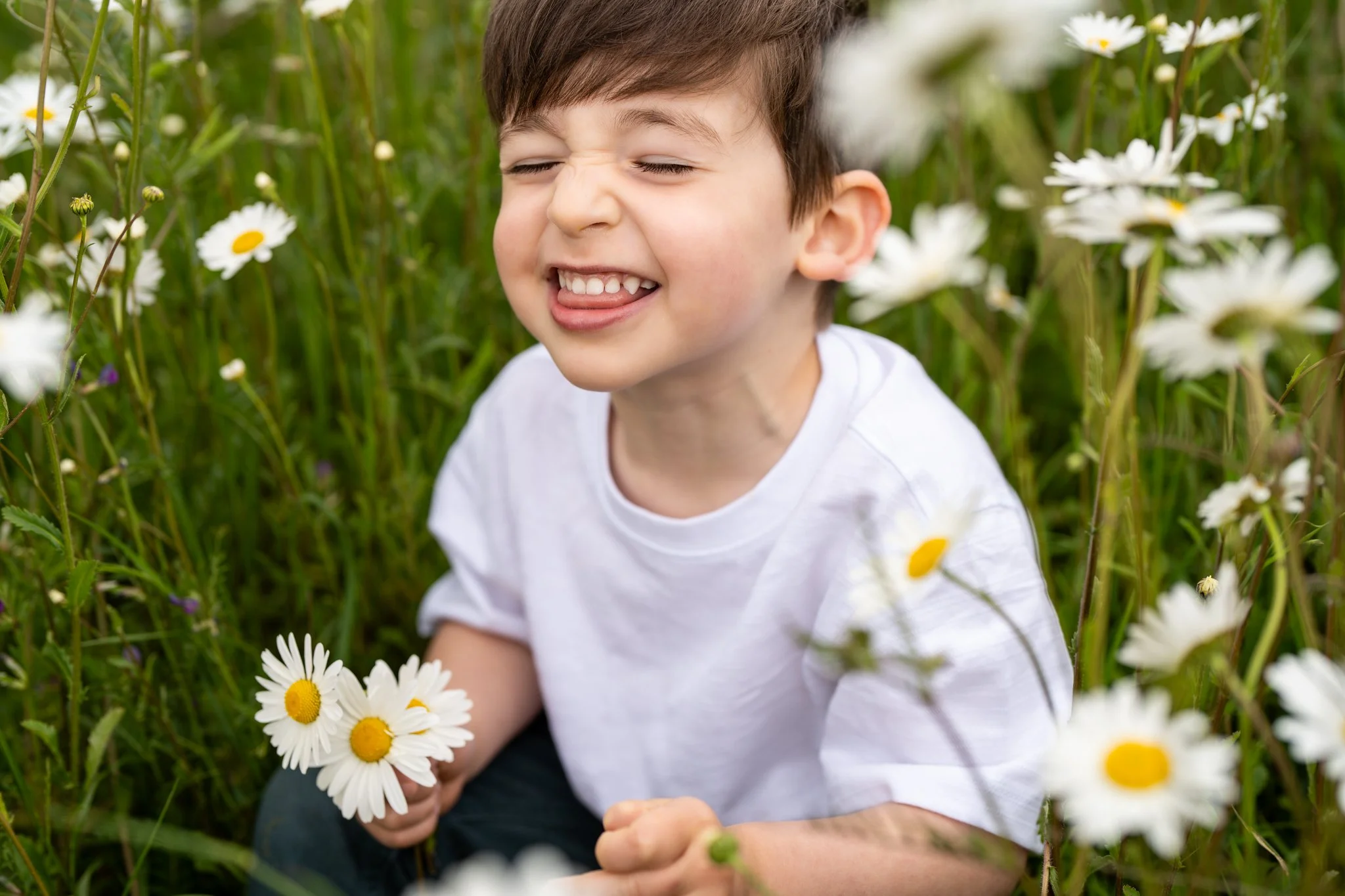 a little boy smiling in a daisy meadow