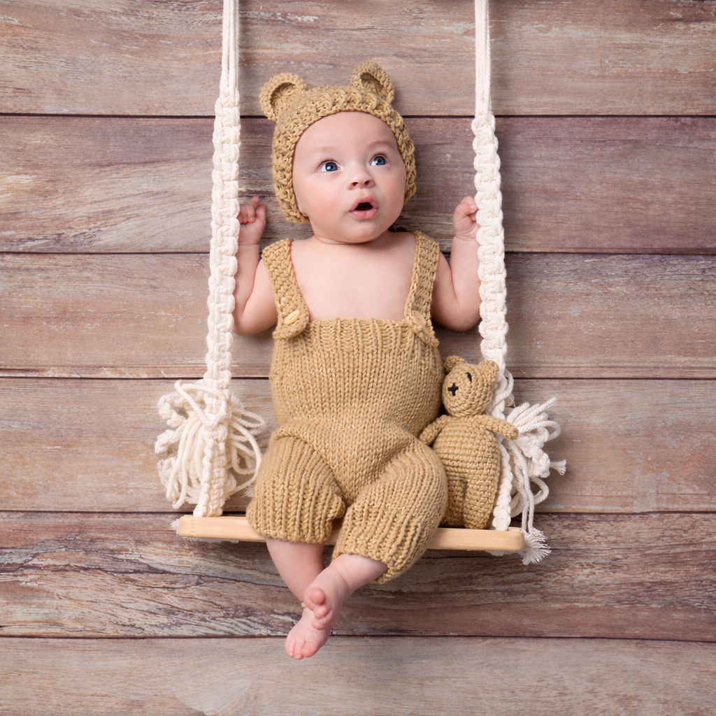 A baby wearing a knitted bear hat and romper, sitting in a wooden swing with a small knitted teddy bear, on a wooden floor background.
