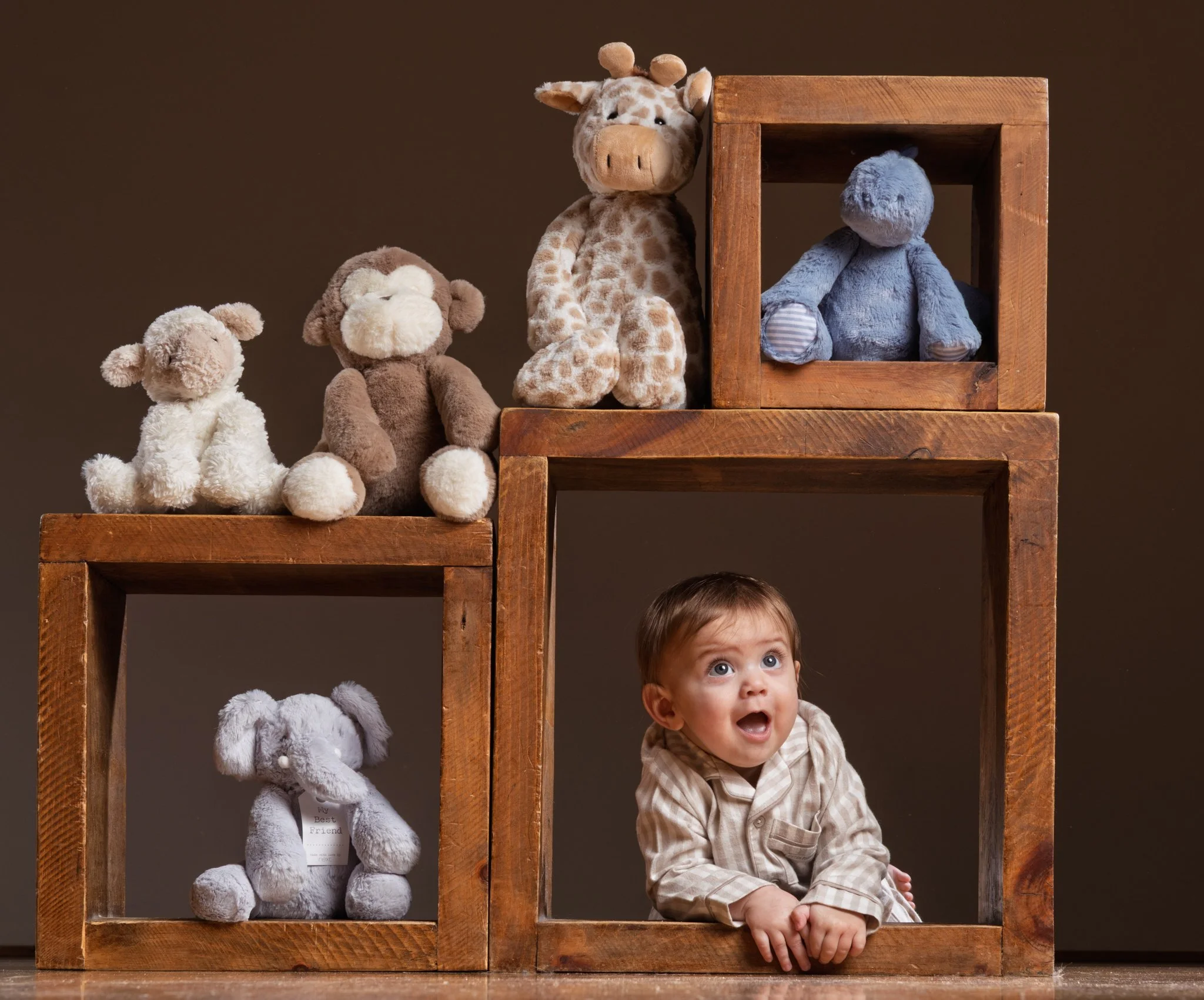 A young boy with blue eyes and brown hair, wearing a beige striped shirt, is sitting inside a wooden structure with two compartments. Stuffed animals, including a gray elephant and a white bear, are placed on the shelves above him. The background is 