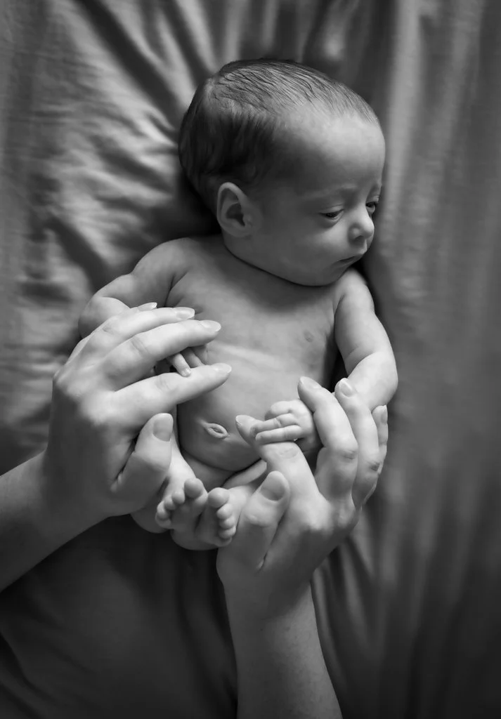 A black and white photo of a newborn baby being gently held by two adult hands, lying on a soft surface.