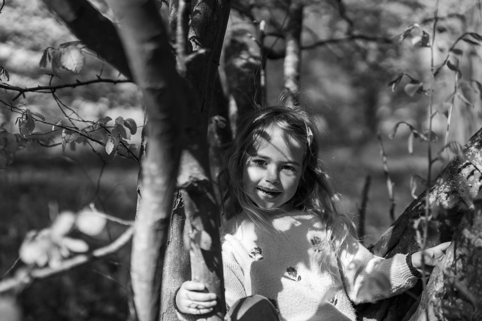 A girl with wavy hair and a light sweater standing amongst tree branches, with sunlight filtering through the leaves. chelmsford forest, Essex. Anne Wills Photography 