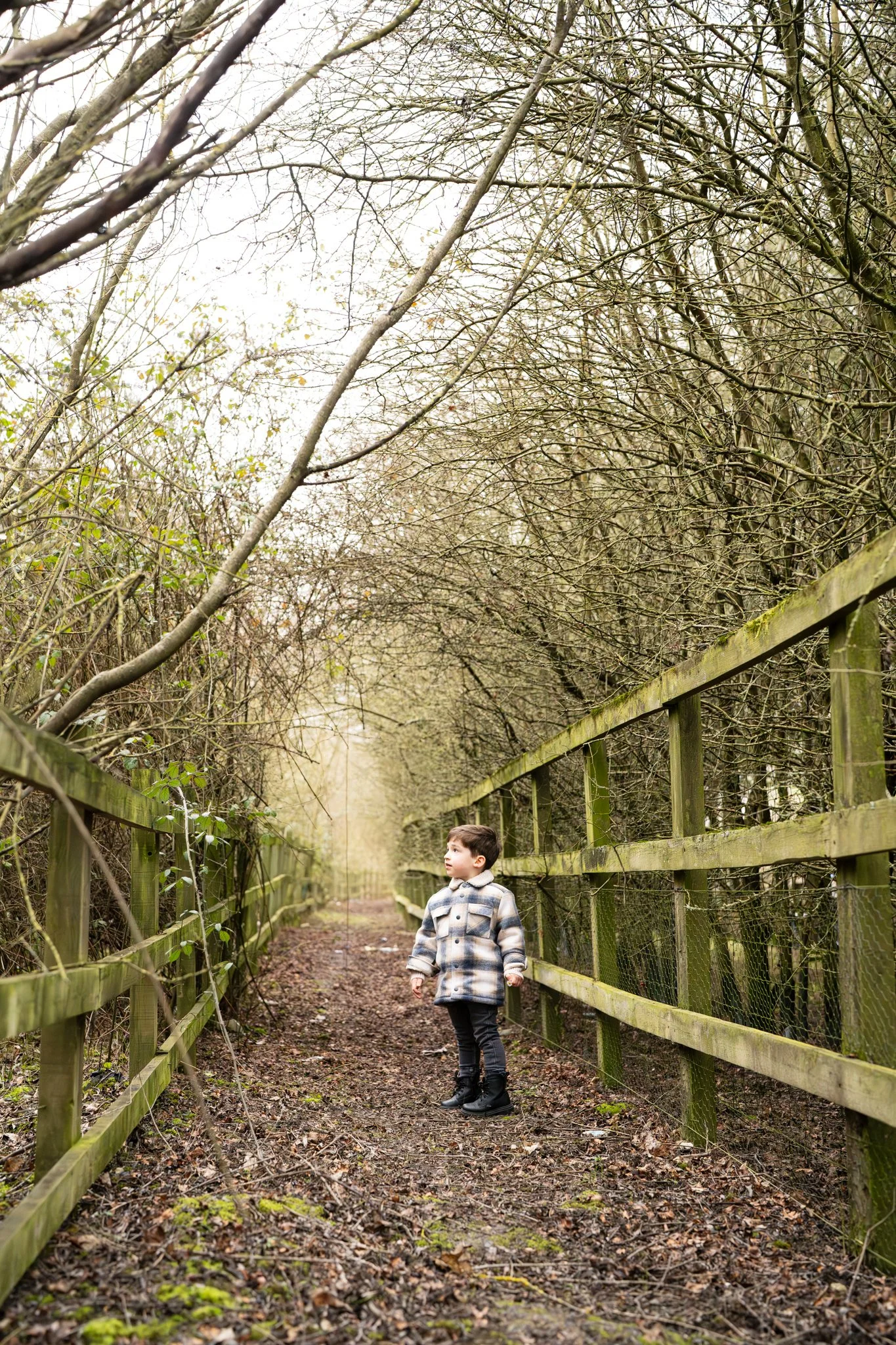 Young boy walking on a muddy nature trail surrounded by leafless trees and a wooden fence on both sides.