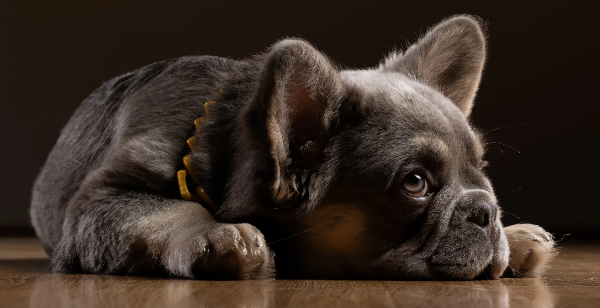 A cute puppy lying down on a wooden surface, with a dark background. The puppy has a grayish coat, a black nose, and expressive eyes, and is wearing a yellow collar. photographed in coggeshall, Essex. Anne Wills Photography 