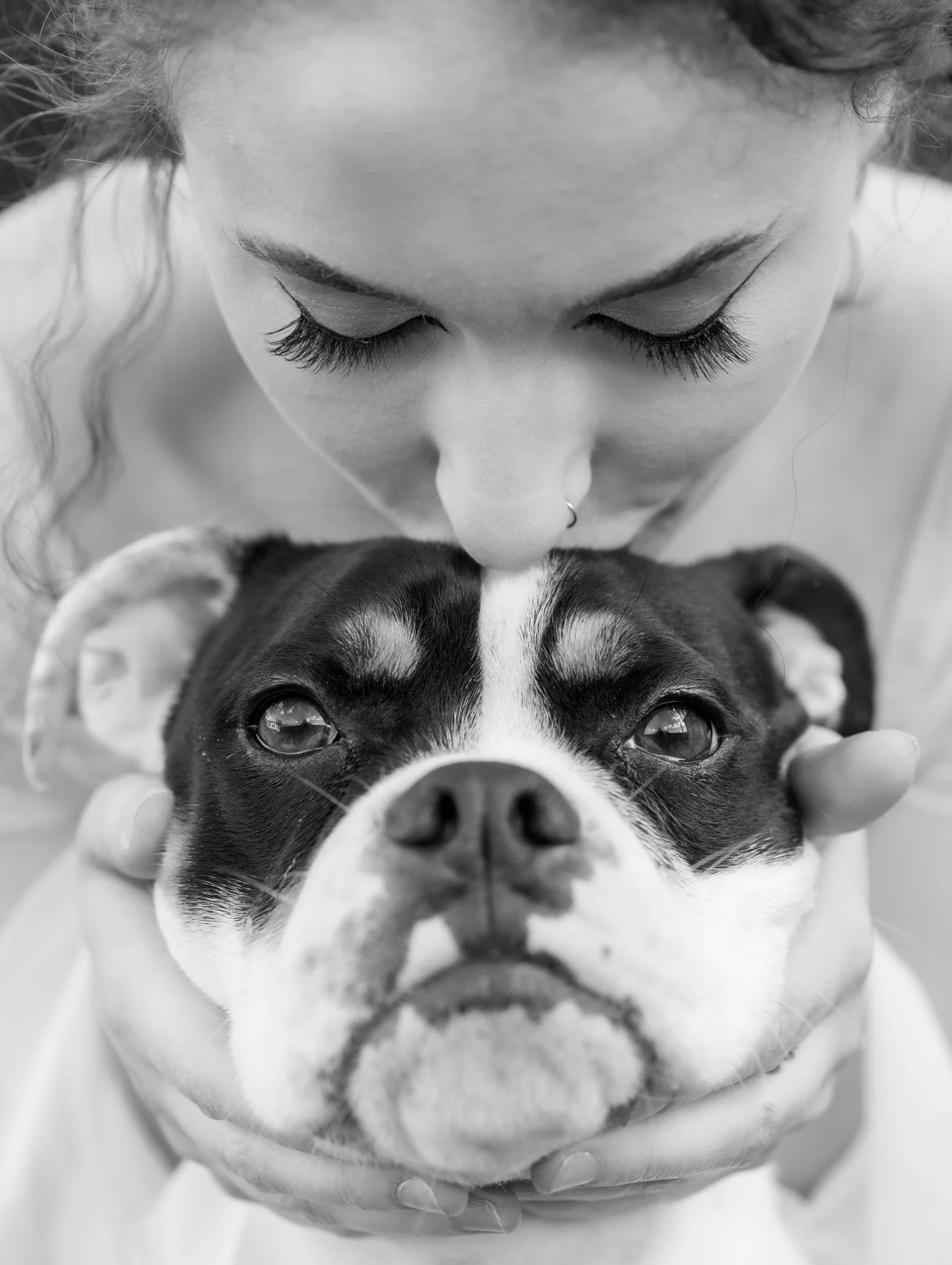 A dog and her owner. kissing on her head