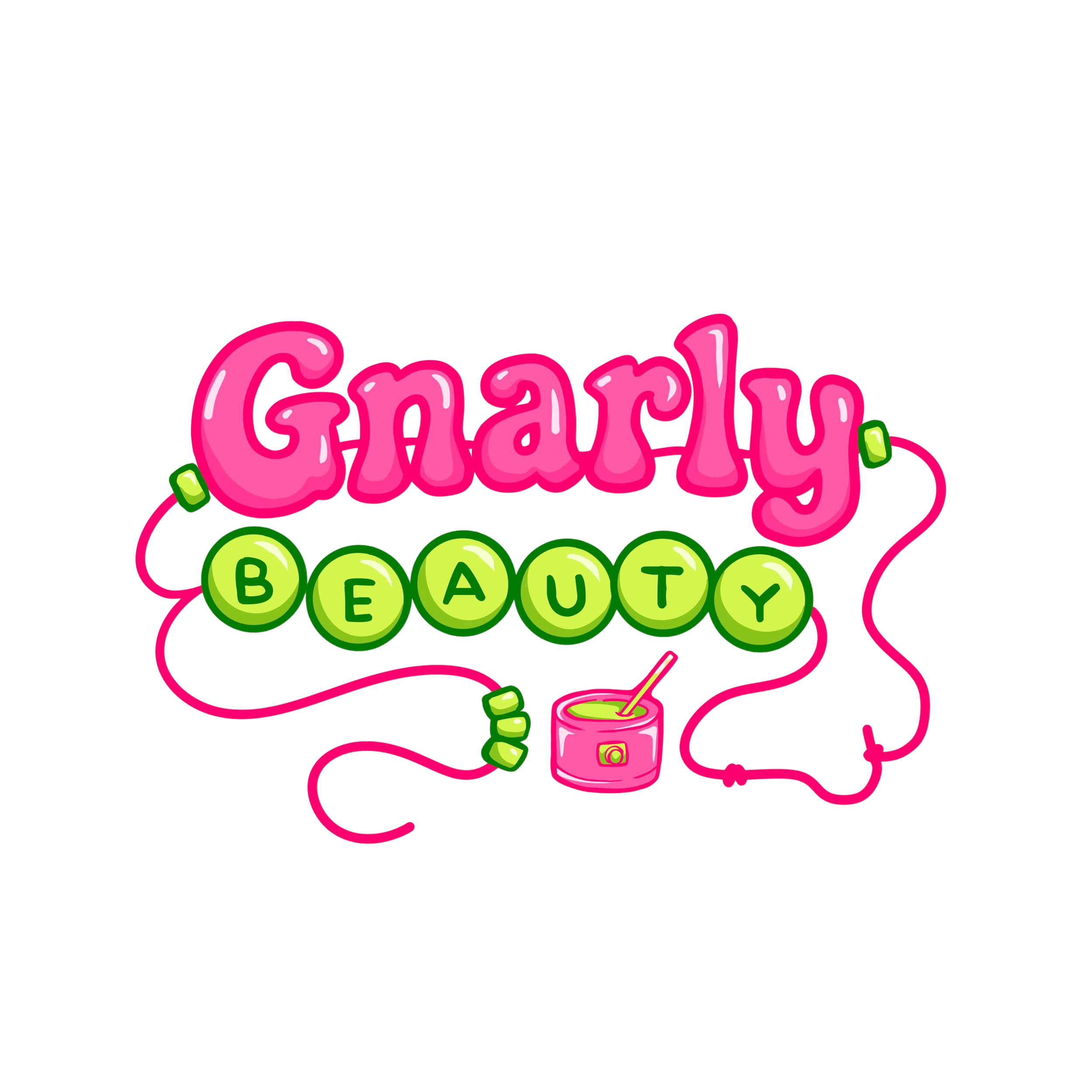 Colorful neon sign with the words 'Glam & Beauty' in pink and green, outlined in pink, with a black background.