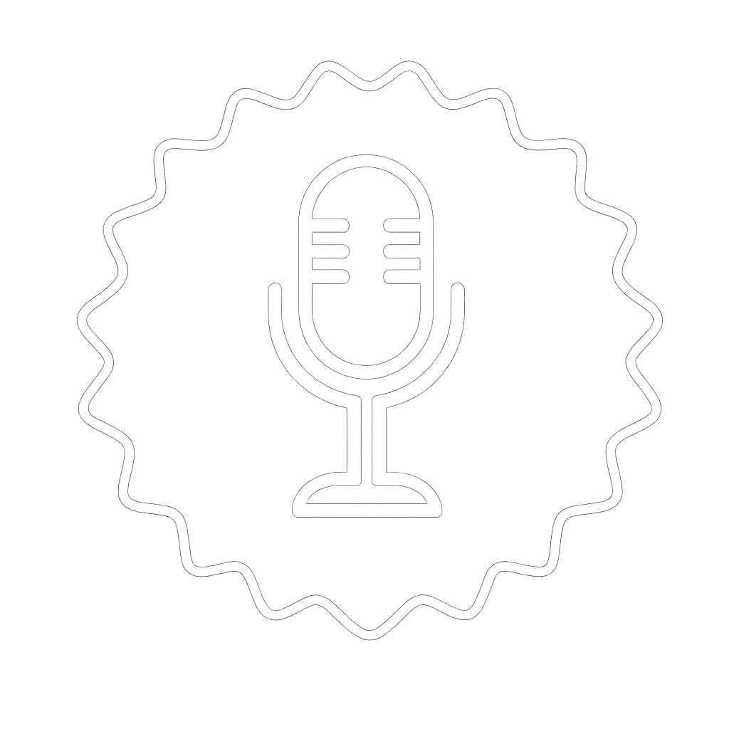 Neon sign of a vintage microphone inside a circular ruffled edge outline.