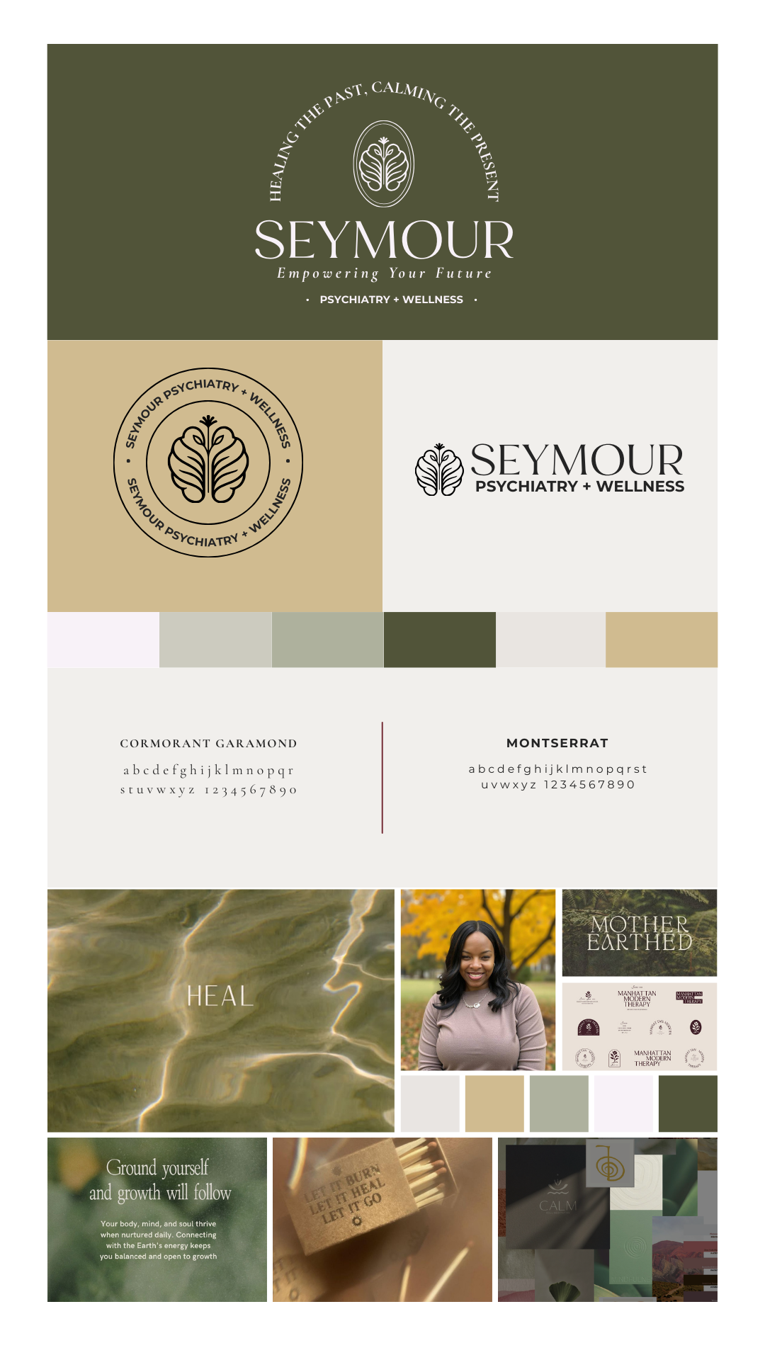 Branding board for Seymour Psychiatry + Wellness featuring logos, font styles, color palette, and imagery related to healing, nature, and wellness.