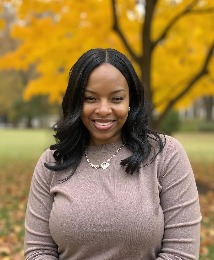 A smiling North Carolina psychiatric nurse practitioner with black hair and a silver necklace standing outdoors in front of a tree with yellow autumn leaves.
