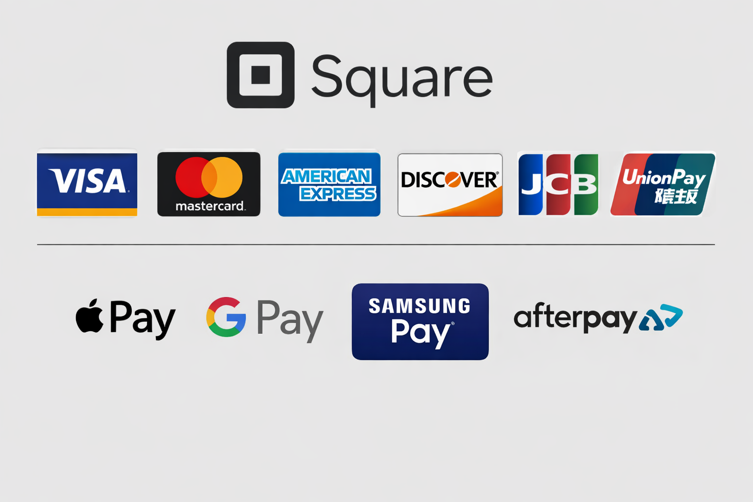 Square payment options including Visa, MasterCard, American Express, Discover, JCB, UnionPay, and digital wallets like Apple Pay, Google Pay, Samsung Pay, and Afterpay.