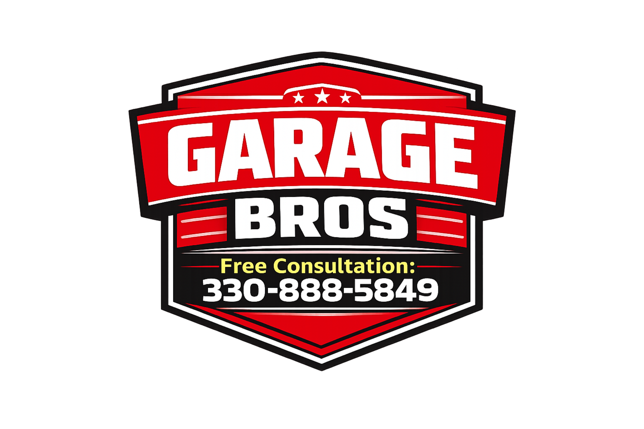 Garage Bros logo with red, black, and white colors, including a phone number 330-888-5849 for free consultation.