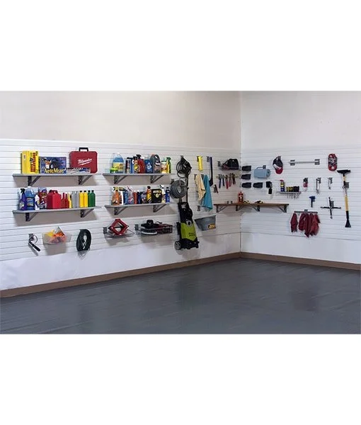 Garage wall with organized tools, supplies, and equipment on shelves and pegboards.
