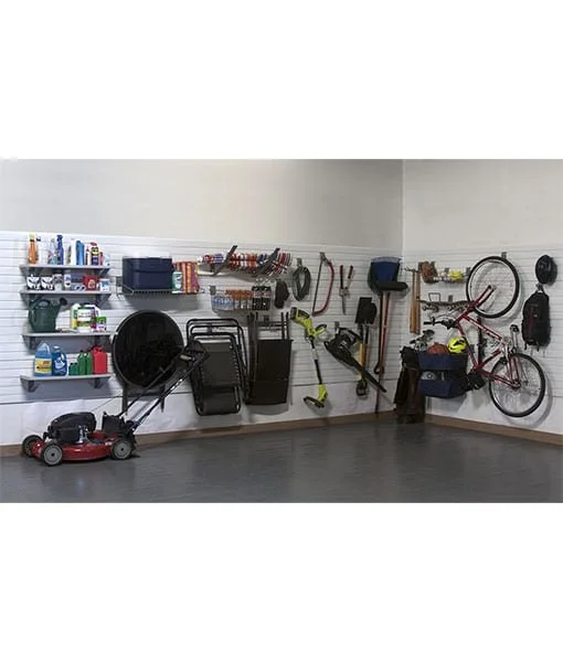 Garage wall with organized tools, garden supplies, and a red bicycle mounted on the wall.