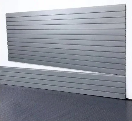 Gray horizontal slat wall panel with a textured floor.