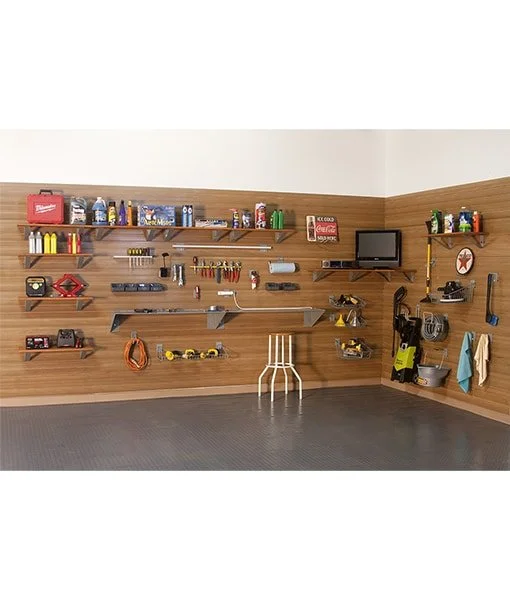 Workshop with organized tools and supplies on wooden wall panels, including shelves with cans, boxes, and small equipment, a small TV, and various hand tools.