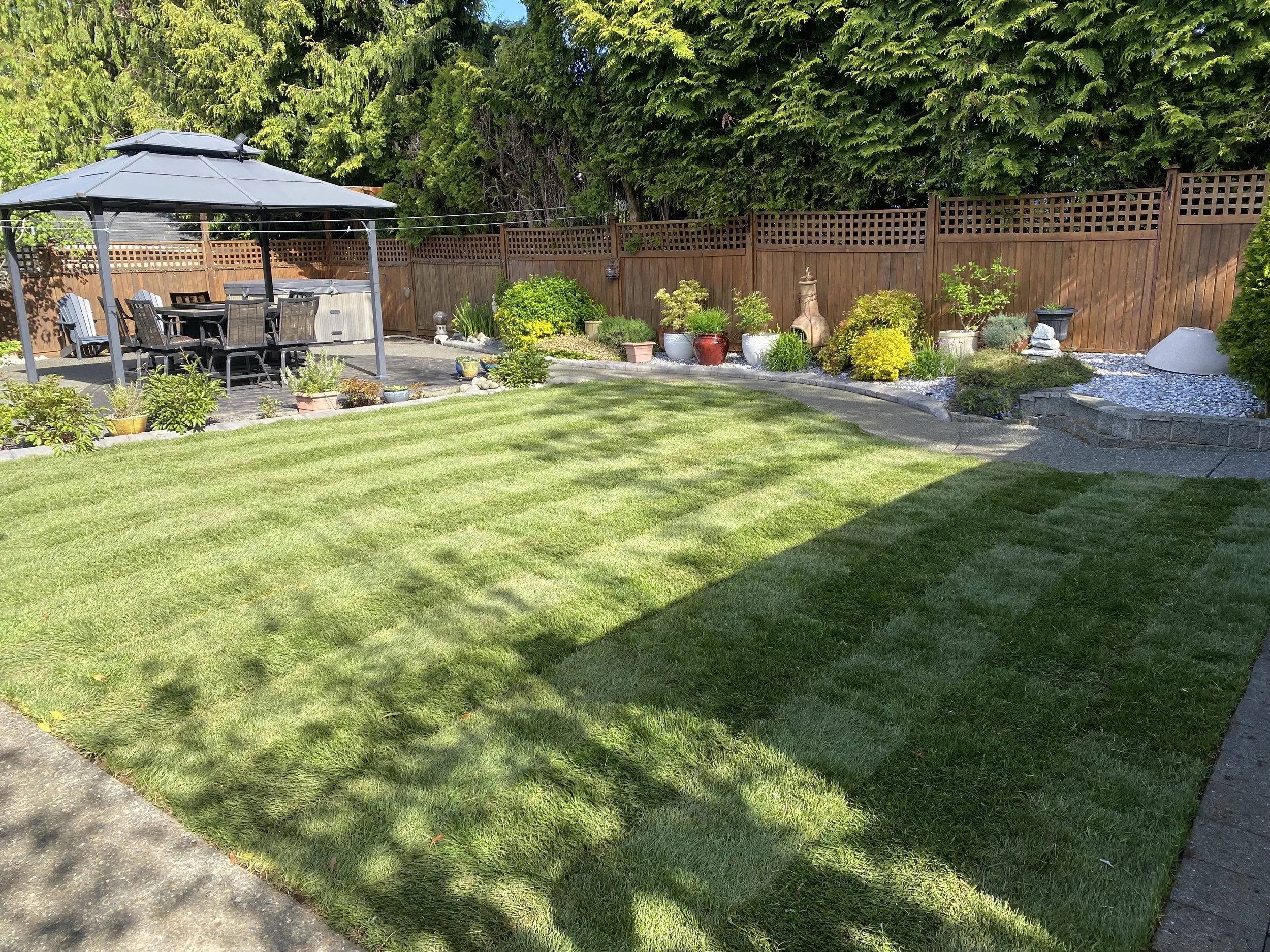 A landscaped backyard with a well-maintained green lawn, potted plants along a curved stone border, a fenced perimeter, a patio area with outdoor furniture and a barbecue grill, and tall trees providing shade.