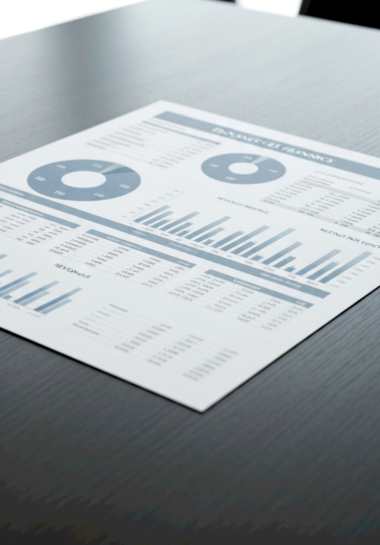 A financial report with charts and graphs on a gray table.