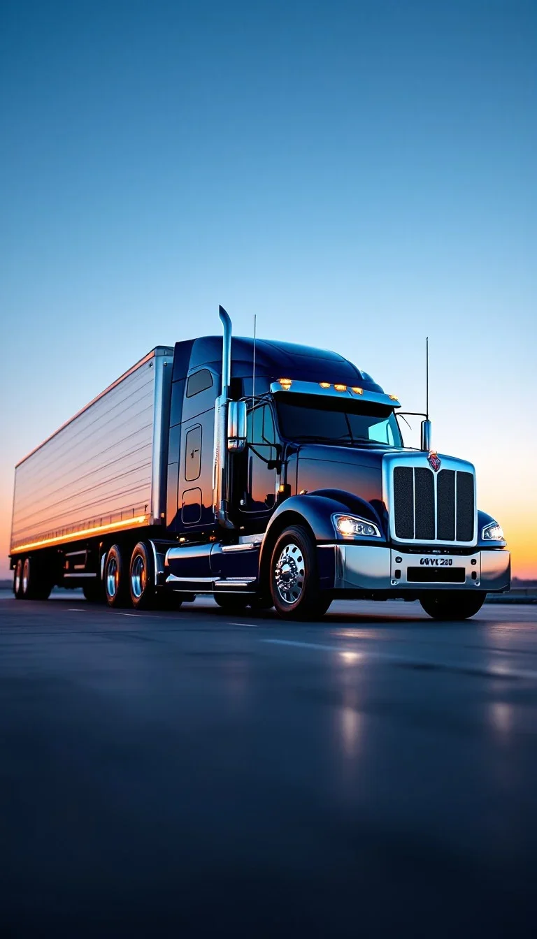 A black semi-truck with a trailer driving on an empty road during sunset.