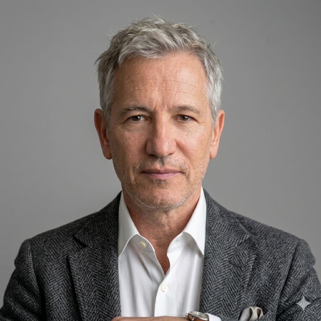 A middle-aged man with gray hair and a beard, wearing a white dress shirt and a gray blazer, looking directly at the camera with a serious expression, against a plain gray background.