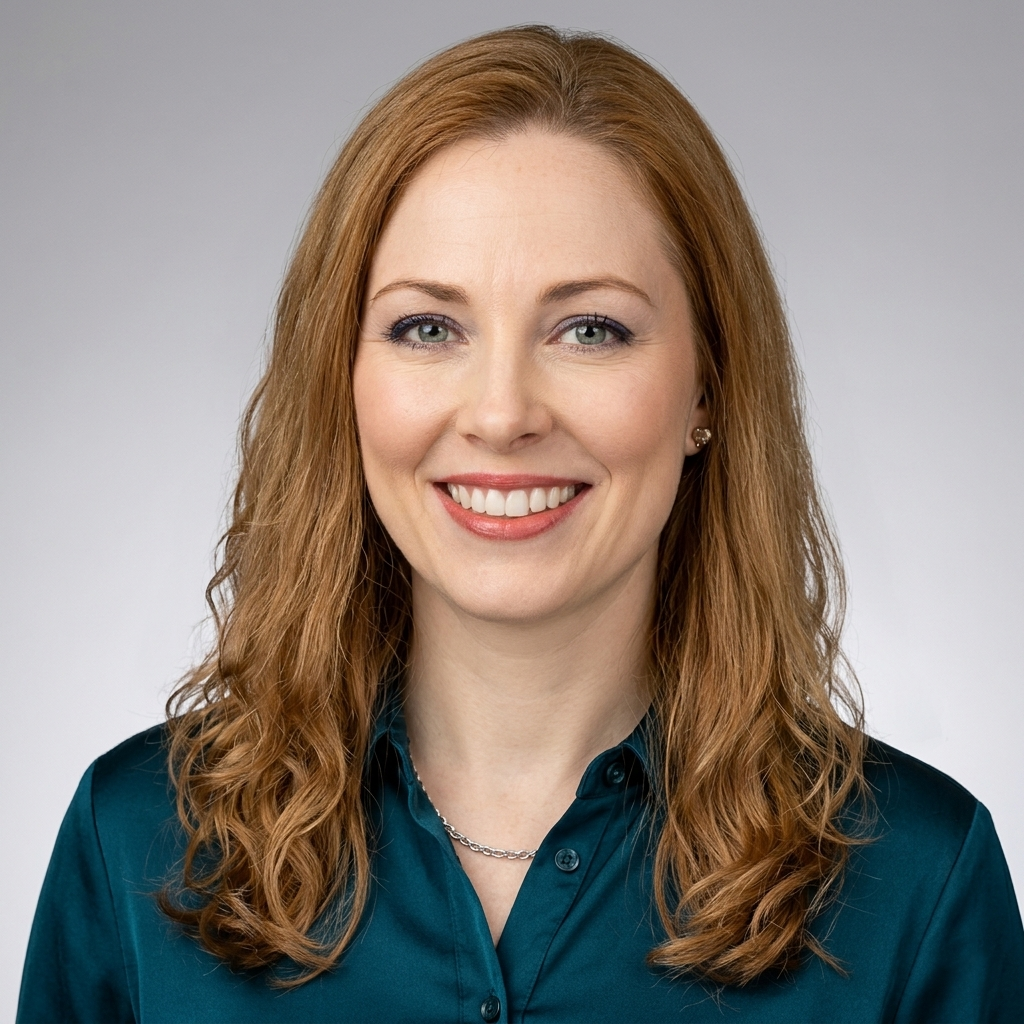 A woman with fair skin, long curly red hair, wearing a teal shirt and jewelry, smiling at the camera against a plain gray background.