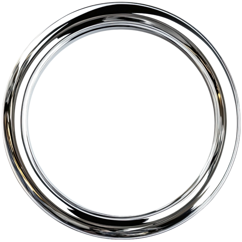 Close-up of a shiny chrome circular ring with a reflective surface.