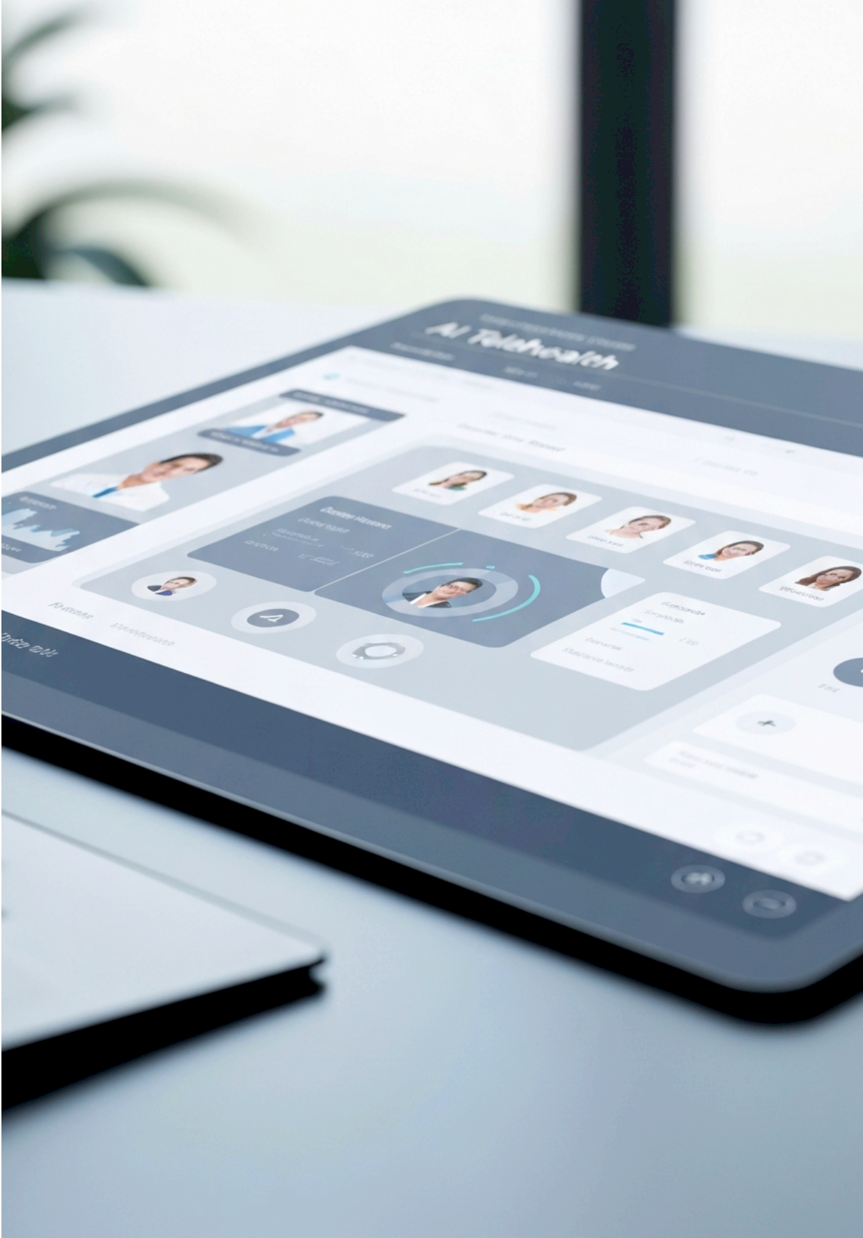 Close-up of a tablet displaying a professional social media profile or networking site on a white desk, with a blurred background.