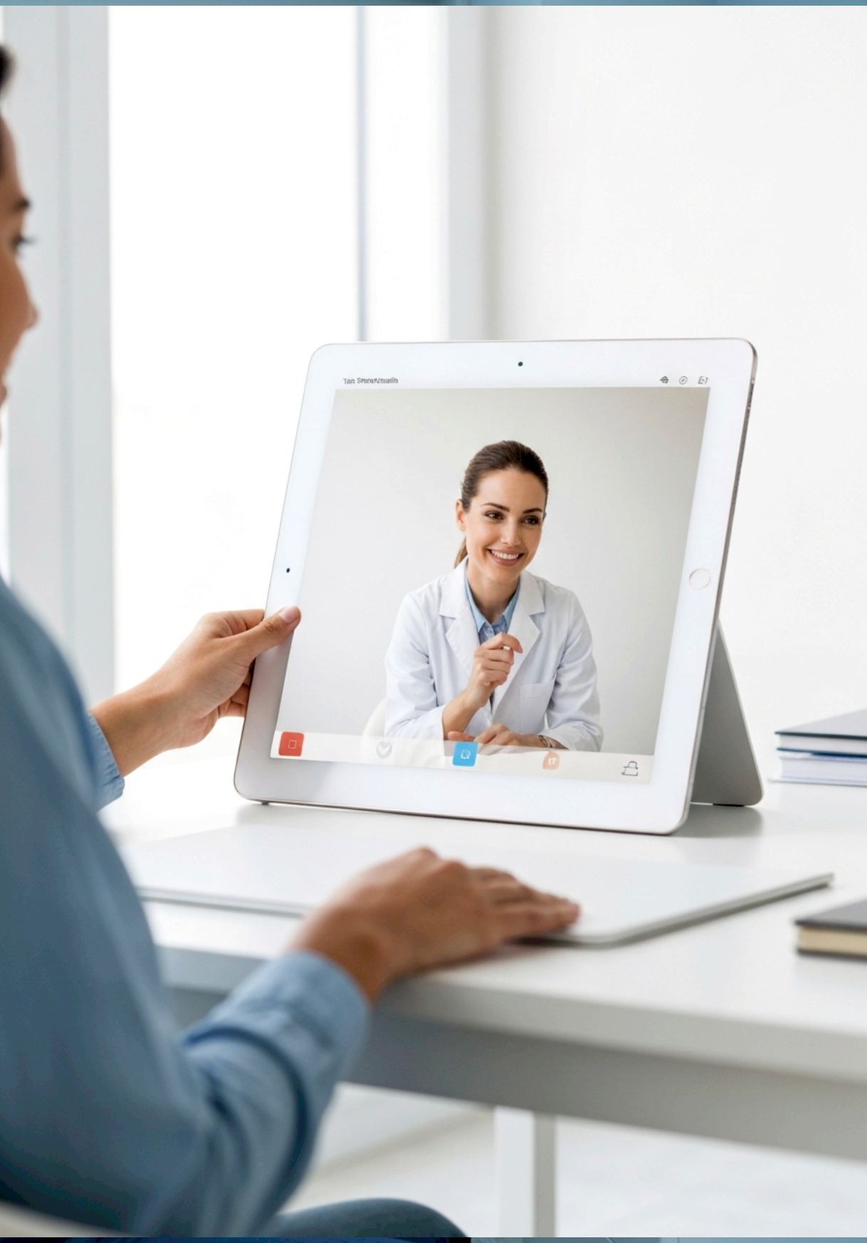 A woman on a video call with a healthcare professional on a tablet, smiling and wearing a white coat.