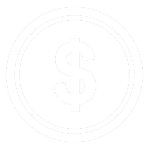 Black and white graphic of a coin with a dollar sign in the center.