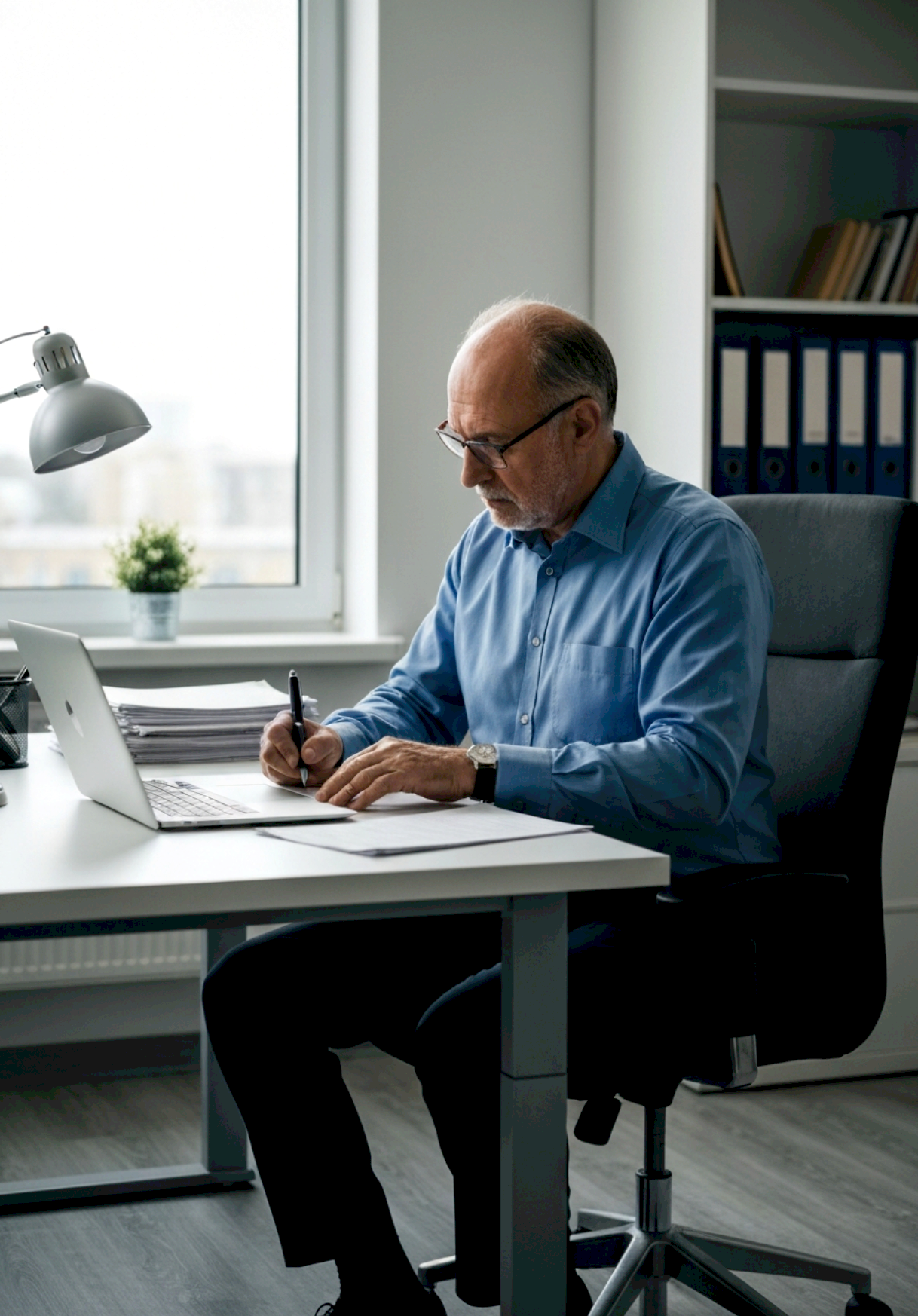 An older man with glasses and a blue shirt sitting at a white desk, writing with a pen, in an office with a large window, a small potted plant, and shelves with binders in the background.