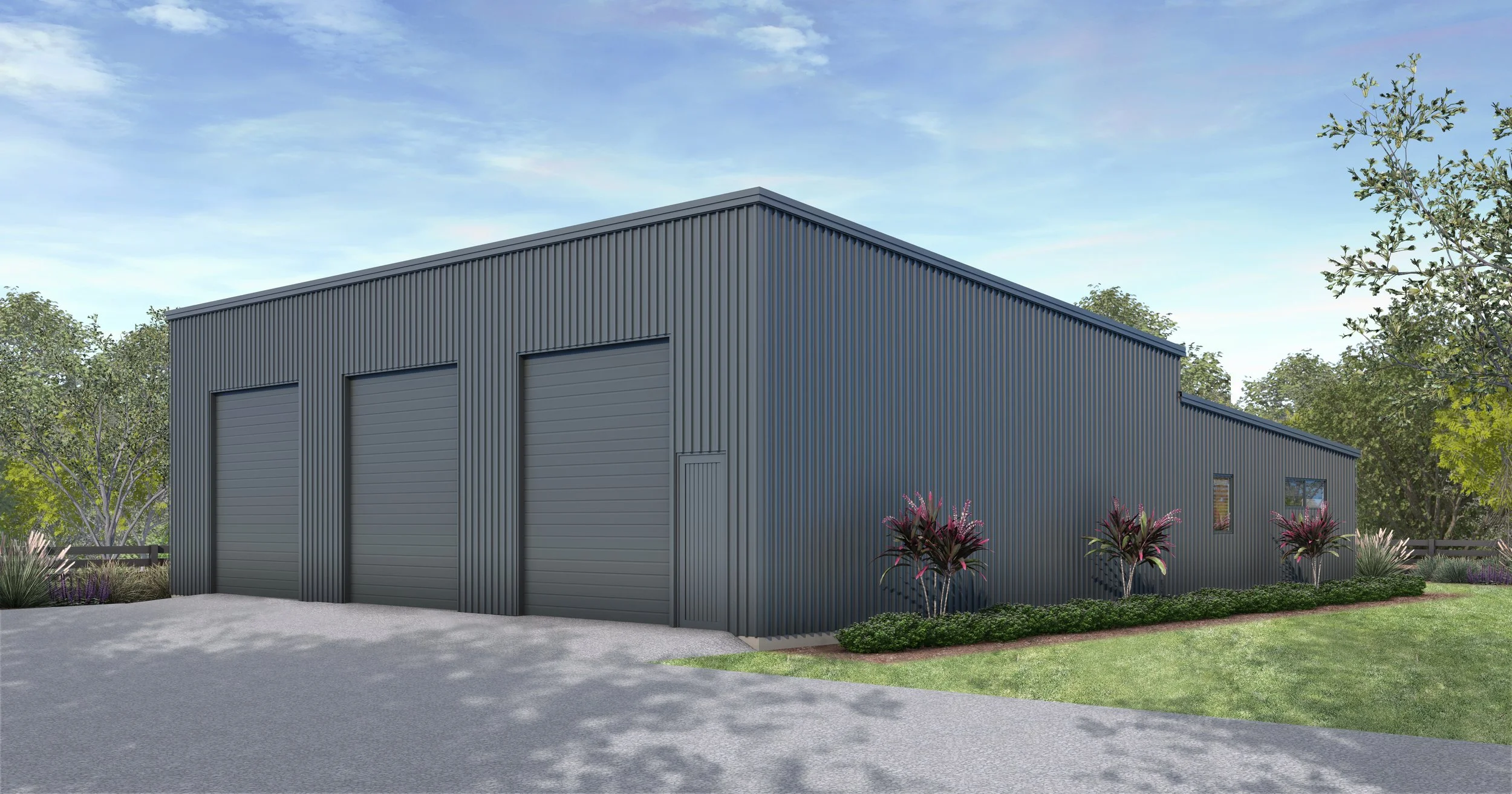 A modern, dark gray metal industrial building with three large garage doors and a small side door, surrounded by landscaping with bushes and trees under a blue sky.