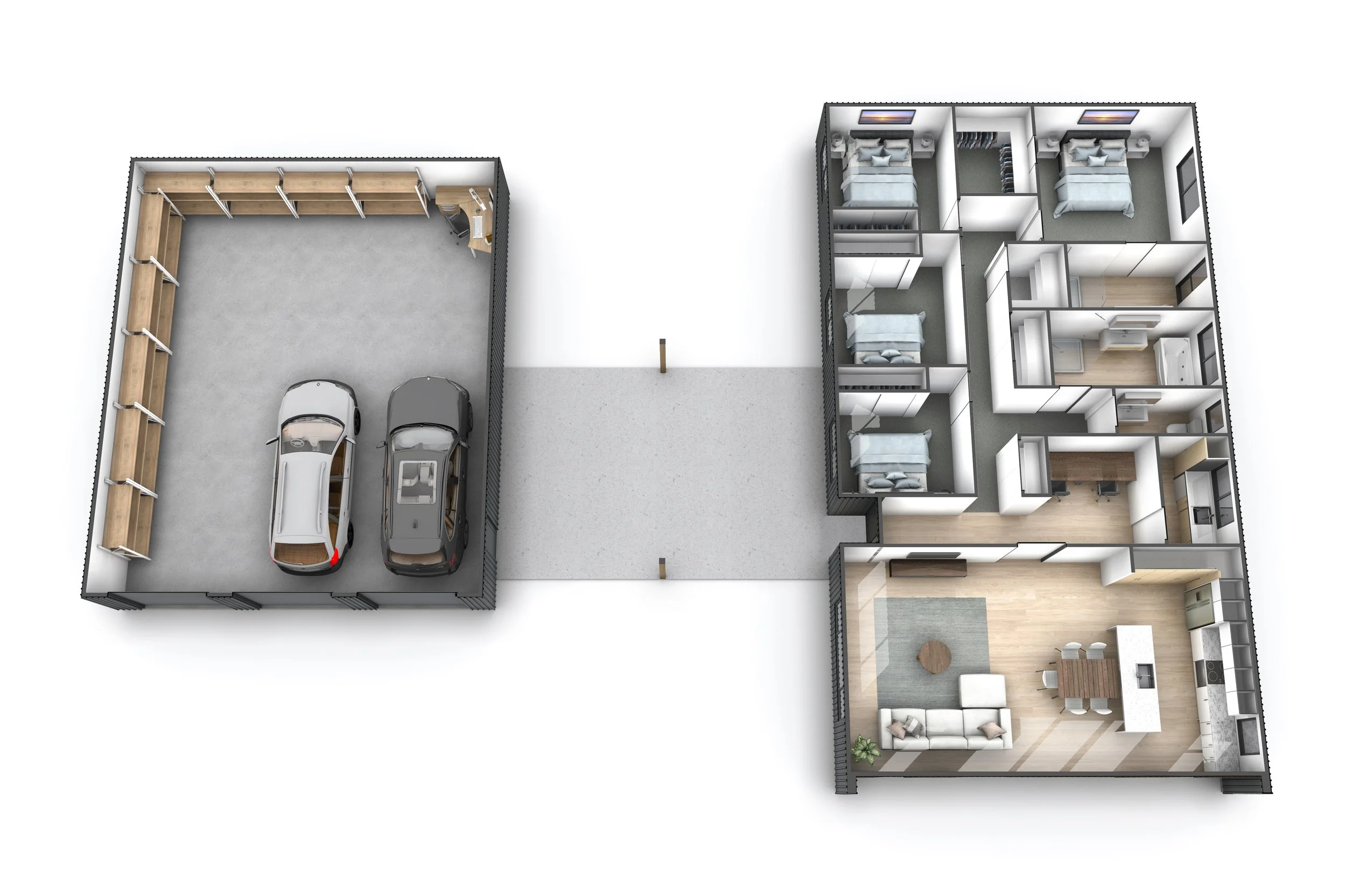 3D floor plan of a house with an attached garage that contains two cars. The house interior includes a living room, dining area, kitchen, four bedrooms, two bathrooms, and a small office space.