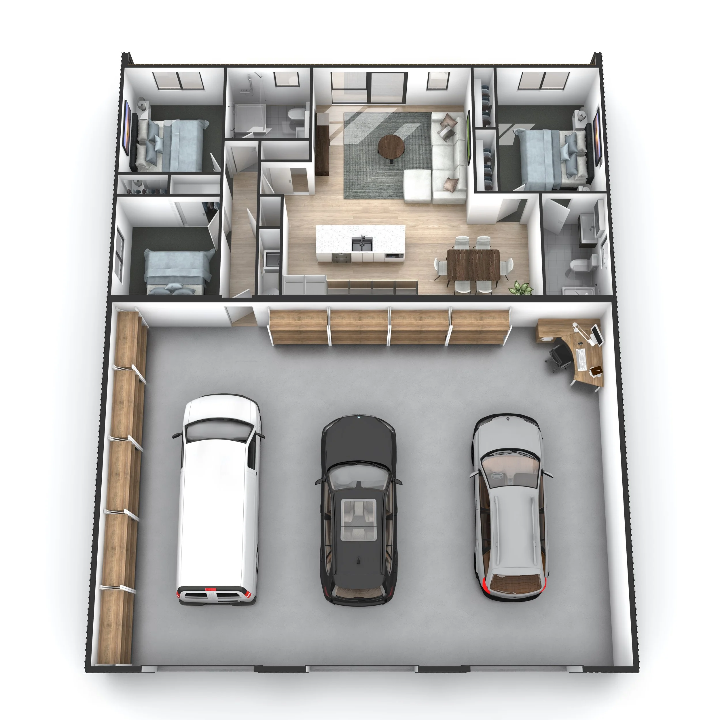 A three-car garage connected to a modern home with an open-concept living area, three bedrooms, and bathrooms. The garage has three parked vehicles and storage shelves, with a home office corner.