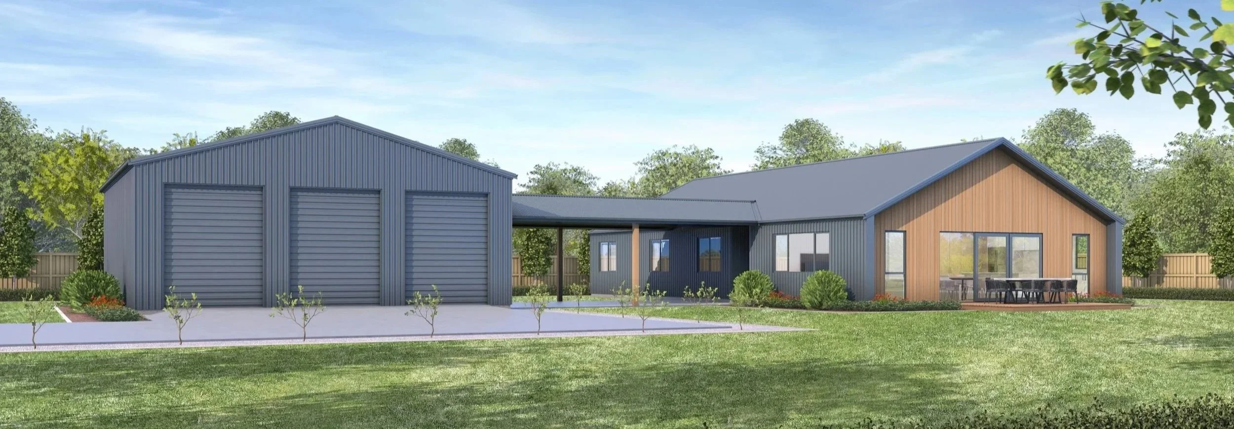 A modern house with a two-car garage, blue metal siding, and a wooden exterior, surrounded by green grass, trees, and a wooden fence.