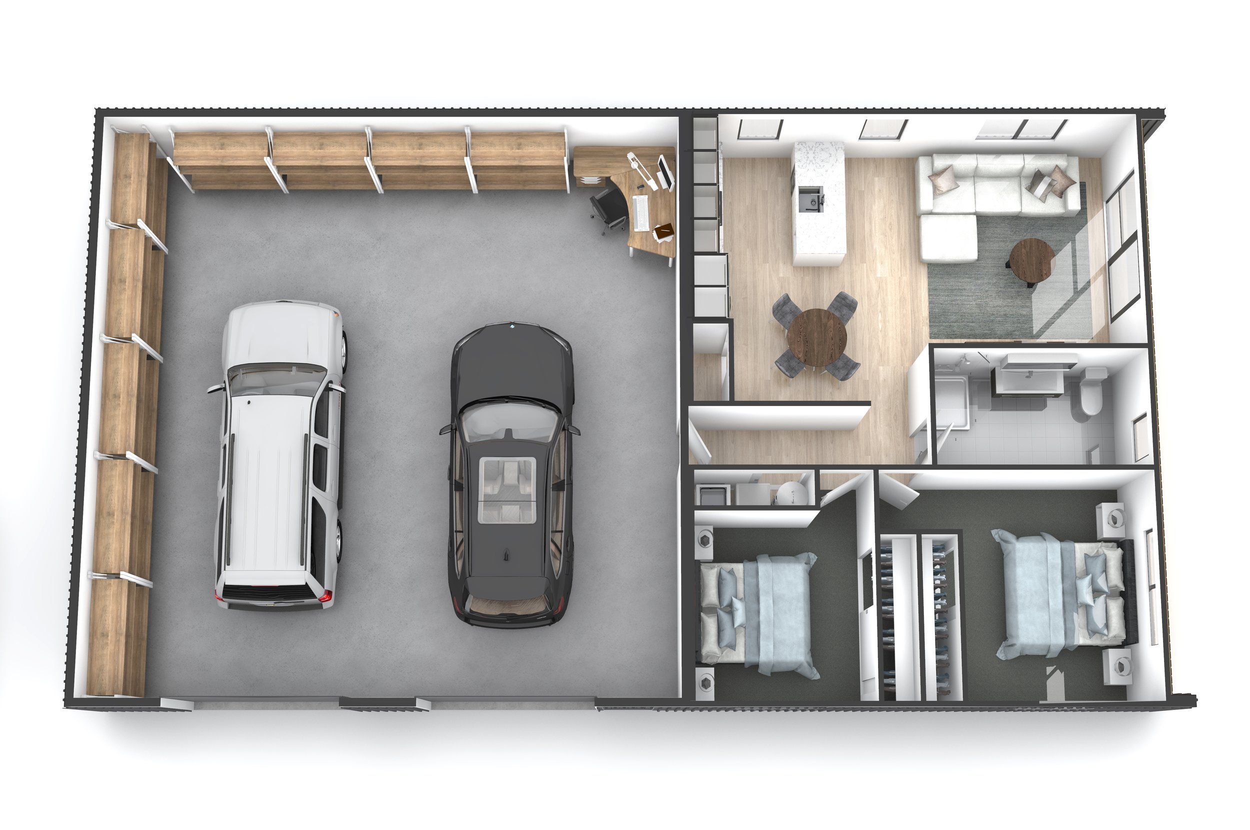 Top-down view of a house layout with a garage containing two cars on the left, a kitchen and living room on the right, two bedrooms, and a bathroom in the bottom right corner.